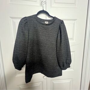 Anne Klein Gray Shimmer Puff Sleeve Top | Size M | Metallic Knit Blouse